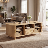 Mid-Century Modern Coffee Table with Storage, Wood Center Table with Tambour Doors & Drawer