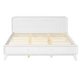 Queen Size Bed Frame, Pine Wood Platform Bed with Headboard, No Box Spring Needed, White