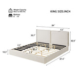 King Size Upholstered Bed Frame, Double-Pillow Platform Bed with Skin-Friendly Textured Fabric, Beige+Cream