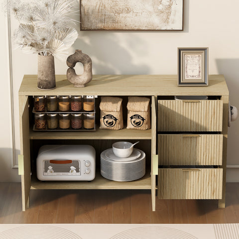 Wooden Buffet Cabinet, Wave-Pattern Sideboard with 3 Drawers & Hooks, Storage Cabinet Cupboard, Natural