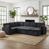 U-Shaped Convertible Sleeper Sofa Bed Modular Sectional Sofa Upholstered Couch Family Sofa with Reversible Chaise Lounge&USB Ports, Black