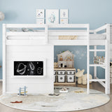Full Size Loft Bed House Kids Loft Bed Frame with Double-Sided Sliding Chalkboard, Bookshelf & Safety Guardrails, White