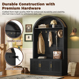 All-in-1 Arched Hall Tree Mudroom Coat Rack Organizer Entryway Bench Shoe Storage Cabinet with Hooks & Adjustable Shelves, Black