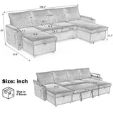 109.5"W U-Shaped Convertible Sofa Bed, Upholstered Sectional Sofa with Storage Chaises, Cup Holders & USB Ports, Gray