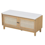 Boho Rattan Entryway Storage Bench, Cushioned Shoe Bench Wooden Shoe Organizer for Hallway/Living Room, Brown