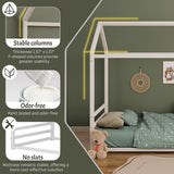 Twin Size Montessori Style Metal Floor Bed Frame, House Shaped Bed with Guardrails for Kids and Toddlers, Easy Assemble, No Slats, White
