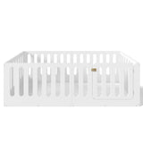 Wood Montessori Floor Bed for Kids, Twin Size Low Profile Floor Bed Frame with High Guardrails & Built-in Door