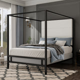 King Size Canopy Bed Metal 4-Poster Bed Frame with Tall Linen Fabric Upholstered Headboard, Box Spring Needed, Black+White
