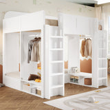 Triple Bunk Bed with Built-In Storage Shelves & Hooks, Loft Bed Frame with Safety Guardrails, Twin+Twin over Twin XL, White