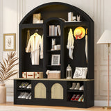 Curved Top Hall Tree with Storage & Hooks, Entryway Coat Rack with Shoe Bench & LED Light, Multi-Functional Foyer Organizer