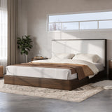Queen Solid Wood Platform Bed Frame with Upholstered Headboard, Walnut