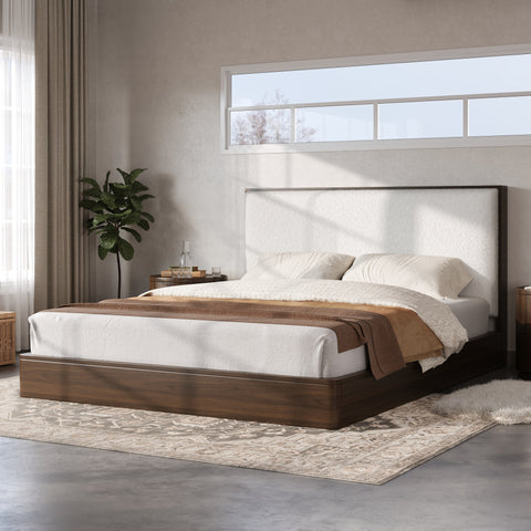 Queen Solid Wood Platform Bed Frame with Upholstered Headboard, Walnut