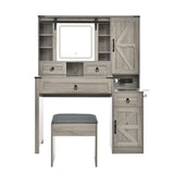 Farmhouse Vanity Table Set Vanity Desk Dressing Table Makeup Table Set with Stool, LED Mirror, Drawers and Charging Station, Gray