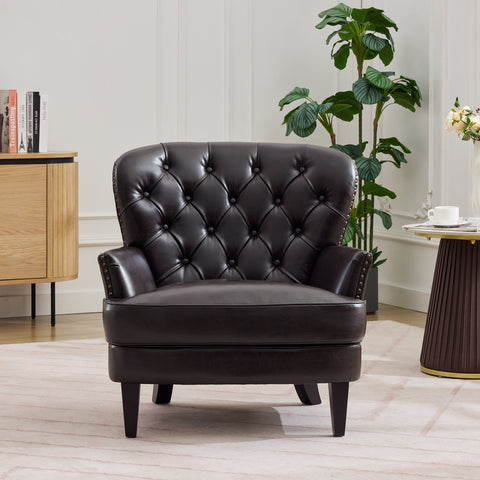 Vintage Tufted Upholstered Accent Chair, Classic Wingback Armchair Lounge Chair with Nailhead Trim and Wood Legs, Dark Brown