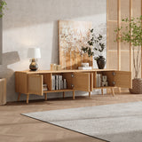 70" TV Stand for TVs up to 80", Natural Media Console with Rattan Doors & Cable Holes, TV Entertainment Center