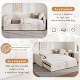 Twin to King Size Daybed with Trundle, Upholstered Extendable Sofa Bed Frame with Storage Drawers, Beige