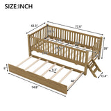 Twin Size Platform Bed, Wooden Bed Frame with Guardrail and Trundle, Walnut