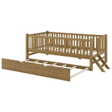 Twin Size Platform Bed, Wooden Bed Frame with Guardrail and Trundle, Walnut