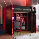 Full Size Wood Gaming Loft Bed with Desk, Open Wardrobe, Storage Compartments & RGB Lights, Red