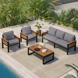 4-Piece Outdoor Patio Furniture Set with Acacia Wood Armrests, Metal Frame Patio Conversation Set with Coffee Table