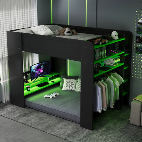 Full Size Wood Bunk Bed with height-adjustable Desk,Wardrobe,Ample Storage Space,and RGB Light, Green
