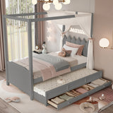 Twin Size Platform Bed Canopy Bed Frame with Upholstered Crown Headboard, Pull-Out Trundle & 3 Drawers