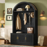 All-in-1 Arched Hall Tree Mudroom Coat Rack Organizer Entryway Bench Shoe Storage Cabinet with Hooks & Adjustable Shelves, Black