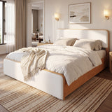 King Size Platform Bed Frame with White Upholstered Headboard & Footboard, Natural