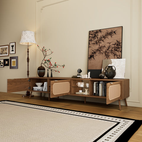 TV Stand for up to 85" TV, Entertainment Center with Open Shelves & Rattan Doors, Console Table, Walnut