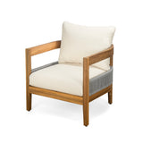 Outdoor Club Chair Patio Accent Chair with Water-resistant Cushion, Weather-Resistant Acacia Wood Frame & Rope Accent, Teak+Beige