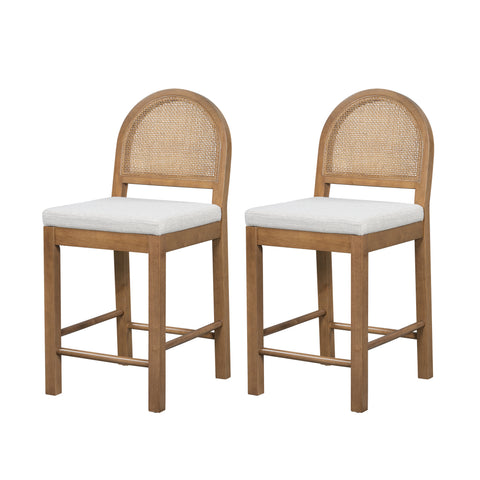 Set of 2 Counter Height Bar Stools Soft Padded Bar Chairs Dining Chairs with Rattan Back, Brown+Gray
