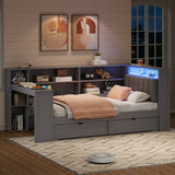 Twin Size Platform Bed Frame, Wood Daybed with Storage Shelves, Drawers, Charging Station, LED, and Upholstered Headboard