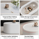 Oval Storage Coffee Table with Leather Upholstery & Tempered Glass Top, Sofa Side Table Cocktail Table Center Table, White