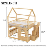 Full Size Loft Bed Wooden House Bed Frame, Built-in Shelf with LED Light & Safety Guardrails