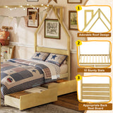 Twin Size Kid Platform Bed Frame House Bed Montessori Bed with 2 Storage Drawers & Headboard, Natural