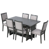 7-Piece Extendable Dining Set, 58"-82" Rustic Trestle Kitchen Table with 6 Upholstered Chairs & Two 12" Removable Leaves