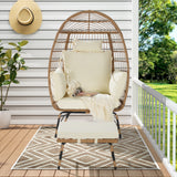 Patio Egg Chair Indoor&Outdoor Accent Chair Basket Chair with Ottoman, Soft Cushion & Neck Pillow, Beige