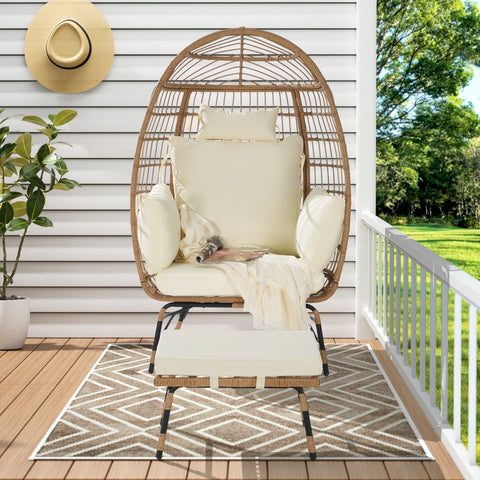 Patio Egg Chair Indoor&Outdoor Accent Chair Basket Chair with Ottoman, Soft Cushion & Neck Pillow, Beige