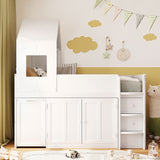 Twin Size Wooden Loft Bed with Desk, Drawers & Cabinets, All-in-One Bed Frame, House-Style Roof & Space-Saving