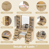 Fluted Makeup Vanity Desk Modern Vanity Table Dressing Table Set with Stool, 3-Color LED Mirror & Charging Station