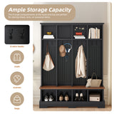 Farmhouse 59"W Wide Hall Tree with 8 Hooks, Practical Entryway Bench with Open Compartments, 76.7"H Modern 3-in-1 Wooden Style Coat and Shoe Rack for Mudroom, Living Room, Black