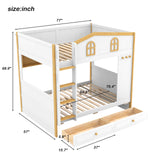 Full over Full Bunk Bed Kid Playful House Bed with Storage Shelves & Drawers, White+Natural