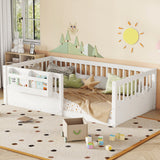 Twin Montessori Wood Floor Bed Frame with Heightened Fence & Bookshelf, Low-Profile Kids' Bed