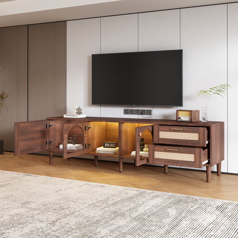 TV Stand for TVs up to 80", Mid-Century Modern Media Console Entertainment Center with LED Lights & Storage, Dark Brown