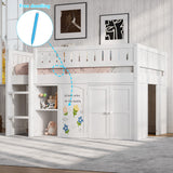 Full Size Loft Bed with Storage Cabinet & Chalkboard Panel, Kids/Teens Bedroom Bed Frame, White