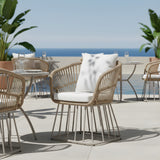 Outdoor Wicker Dining Chair, Teak Finish Wicker & Beige Steel Frame, 300LBS Capacity with Cushion