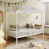 Twin Size 3-in-1 Convertible Montessori Metal Floor Bed, Fenced Toddler Bed, Canopy Platform Bed, White