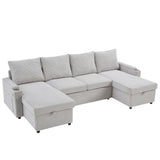 109.5"W U-Shaped Convertible Sofa Bed, Upholstered Sectional Sofa with Storage Chaises, Cup Holders & USB Ports, Gray