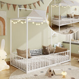 Twin Size 3-in-1 Convertible Montessori Metal Floor Bed, Fenced Toddler Bed, Canopy Platform Bed, White
