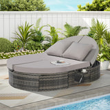 Patio Daybed Outdoor Chaise Lounge Sunbed Wicker Recliner Lounger with Adjustable Backrest, Foldable Cup Tray, Cushion & Pillow, Light Gray